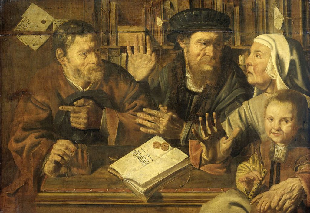 Painting of a notary advising a mother with child