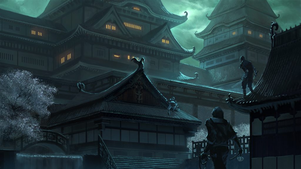 Japanese premises at night, approached by ninjas