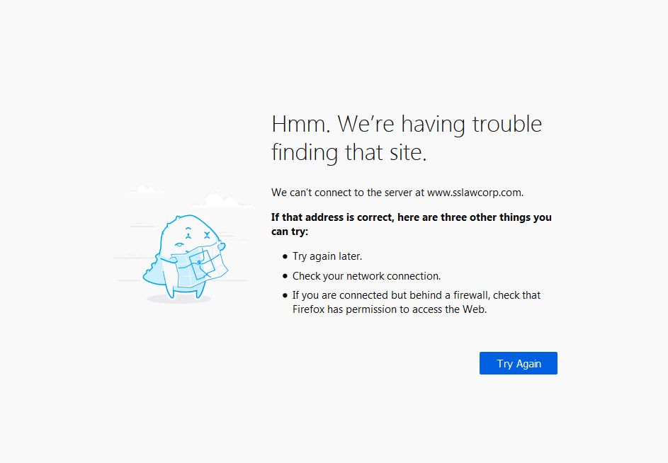 A screenshot, dated 8 May 2019, of where used to be the website of Samuel Seow Law Corporation. Now there’s an error message because the DNS name no longer exists.