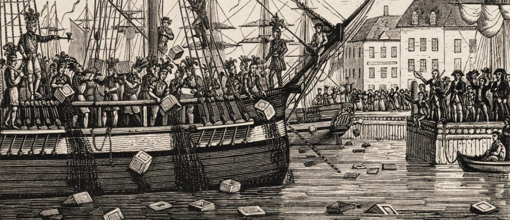 Boston Tea Party Scene: colonists throwing boxes of tea overboard a British ship. They did not want to have to pay taxes on the British tea.