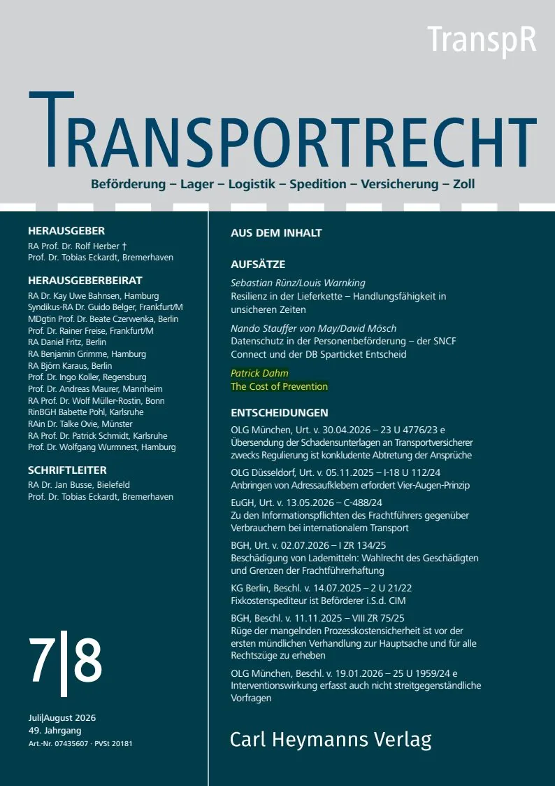 Cover of TranspR issue 7–8/2026, with Patrick Dahm’s ‘The Cost of Prevention’ listed in the contents